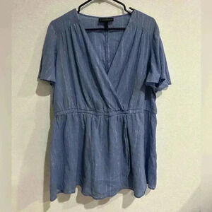 Lane Bryant Blouse 18 Blue Silver Threads Wrap V-Neck Flowy Feminine Lightweight